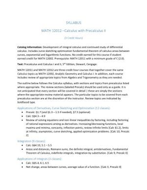 SYLLABUS MATH 12012 –Calculus with Precalculus II