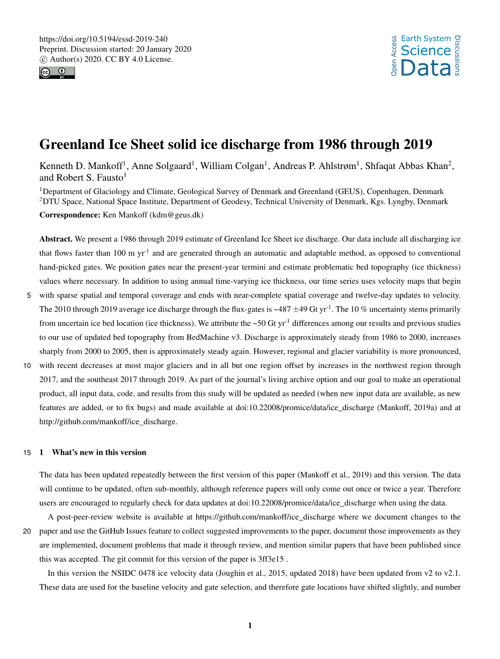 Greenland Ice Sheet Solid Ice Discharge from 1986 Through 2019 Kenneth D