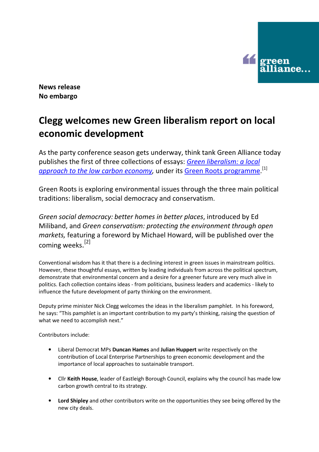 Clegg Welcomes New Green Liberalism Report on Local Economic Development