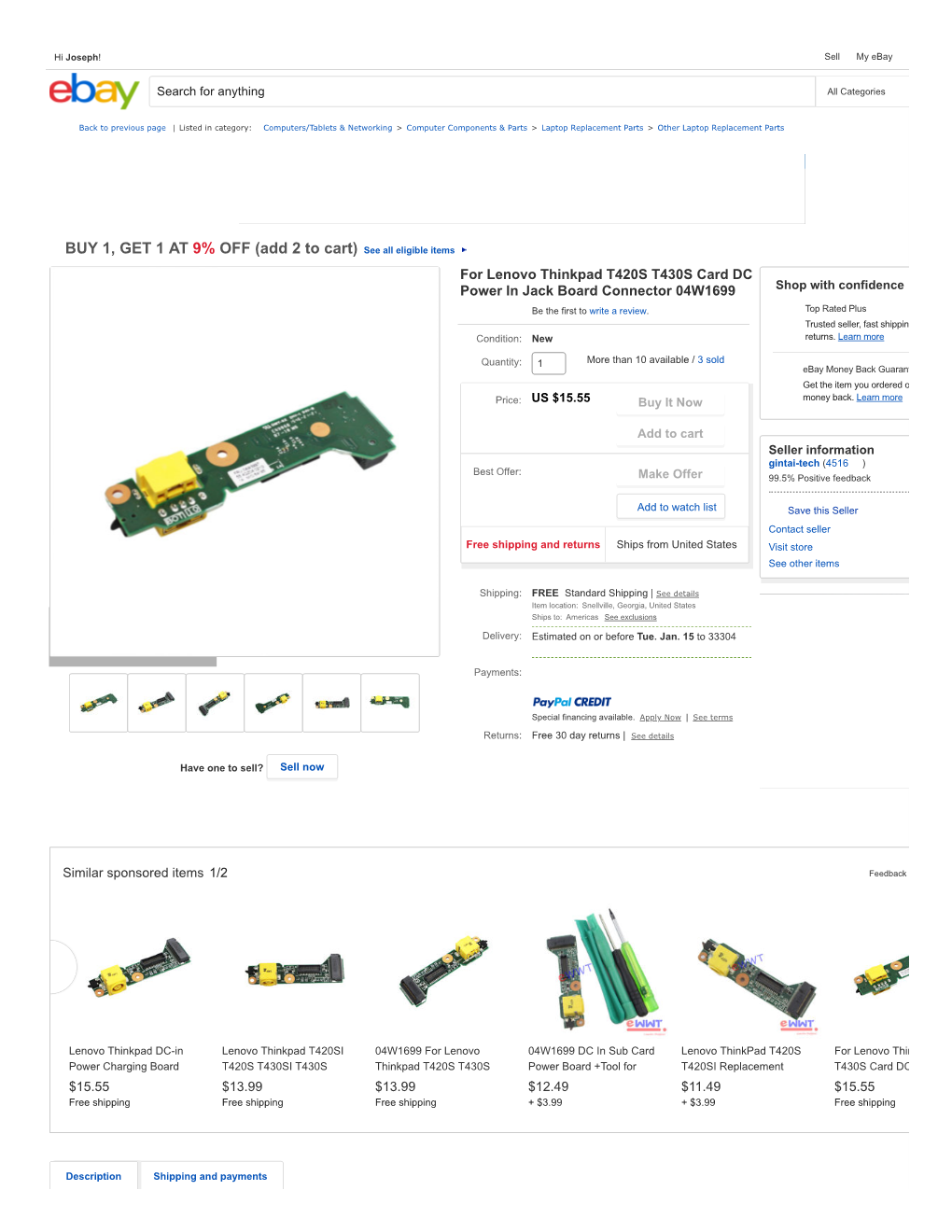 For Lenovo Thinkpad T420S T430S Card DC Power in Jack Board Connector 04W1699 Shop with Confidence