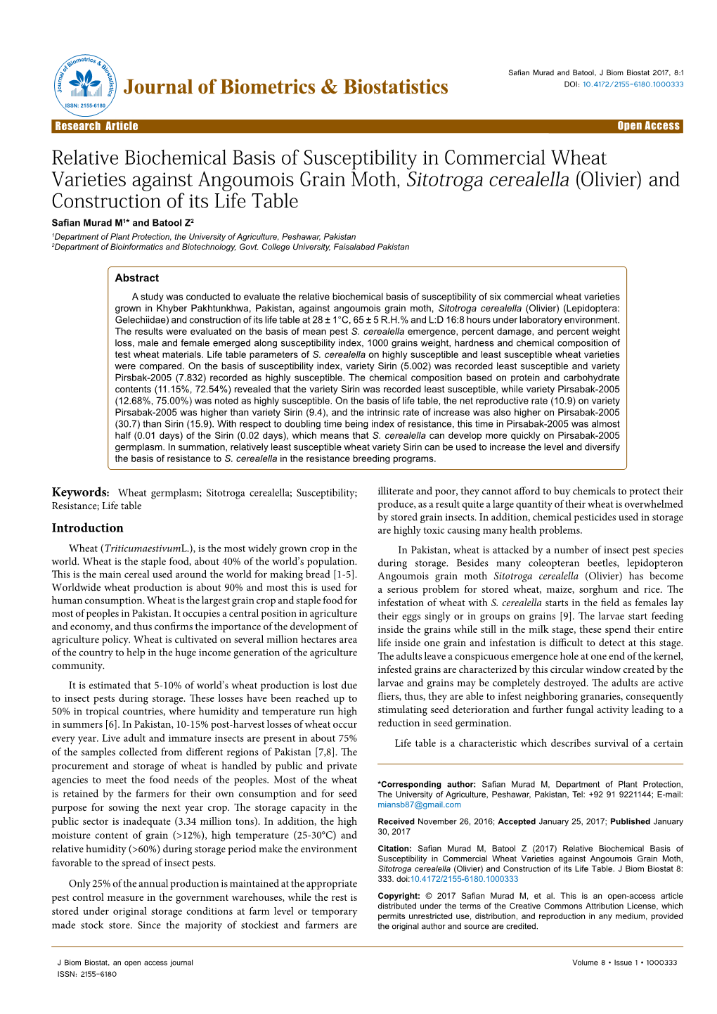 Relative Biochemical Basis of Susceptibility in Commercial Wheat Varieties Against Angoumois Grain Moth, Sitotroga Cerealella