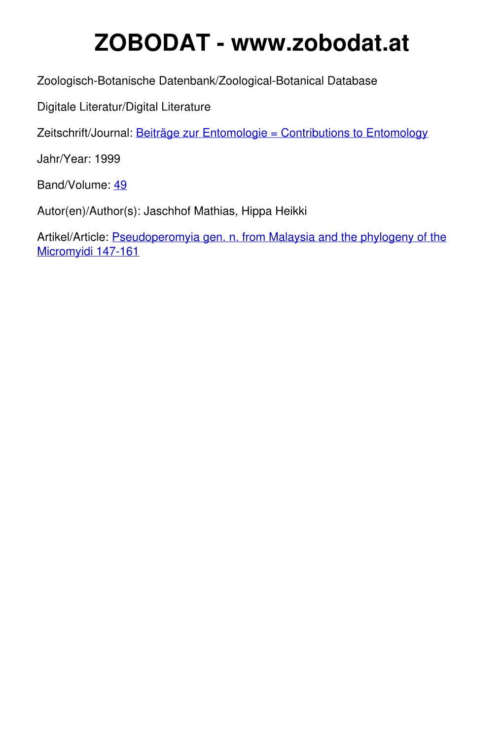 Pseudoperomyia Gen. N. from Malaysia and the Phylogeny of the Micromyidi 147-161 © Download