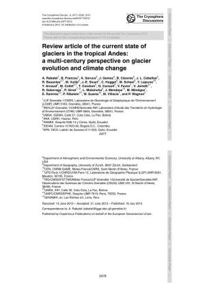Review Article of the Current State of Glaciers in the Tropical Andes: A