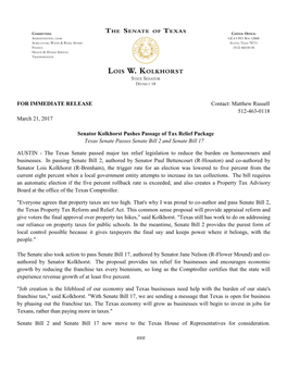 Senator Kolkhorst Pushes Passage of Tax Relief Package Texas Senate Passes Senate Bill 2 and Senate Bill 17