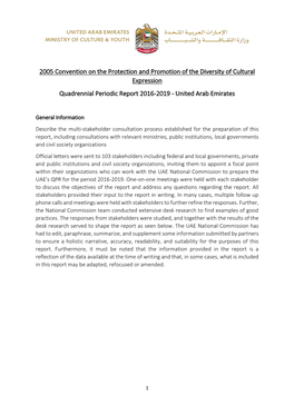 2005 Convention on the Protection and Promotion of the Diversity of Cultural Expression Quadrennial Periodic Report 2016-2019 - United Arab Emirates