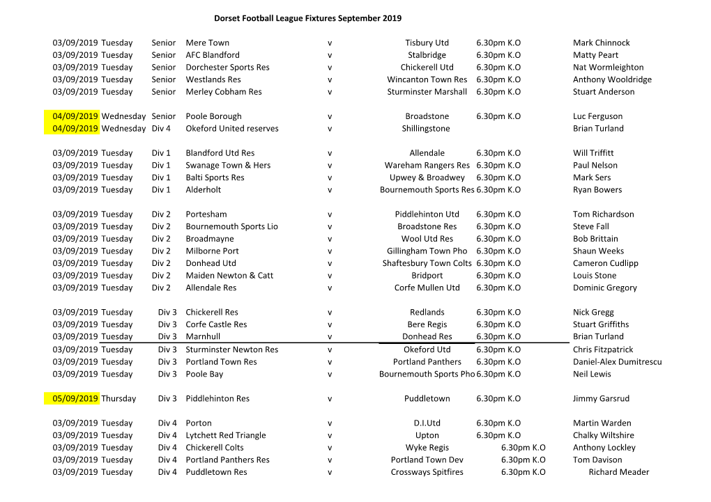 03/09/2019 Tuesday Senior Mere Town V Tisbury Utd 6.30Pm K.O