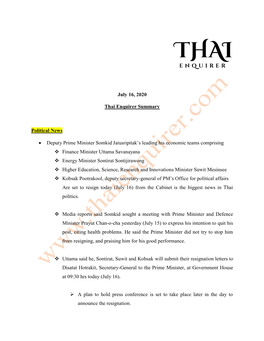 July 16, 2020 Thai Enquirer Summary Political News • Deputy Prime