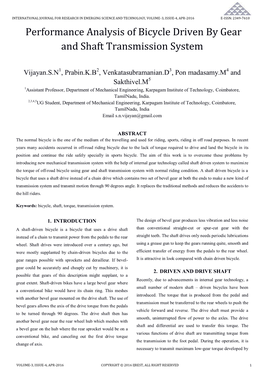 Performance Analysis of Bicycle Driven by Gear and Shaft Transmission System