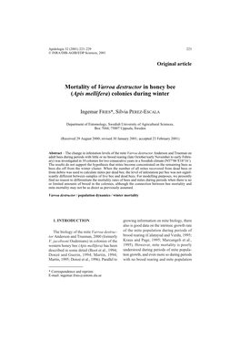 Mortality of Varroa Destructor in Honey Bee (Apis Mellifera) Colonies During Winter