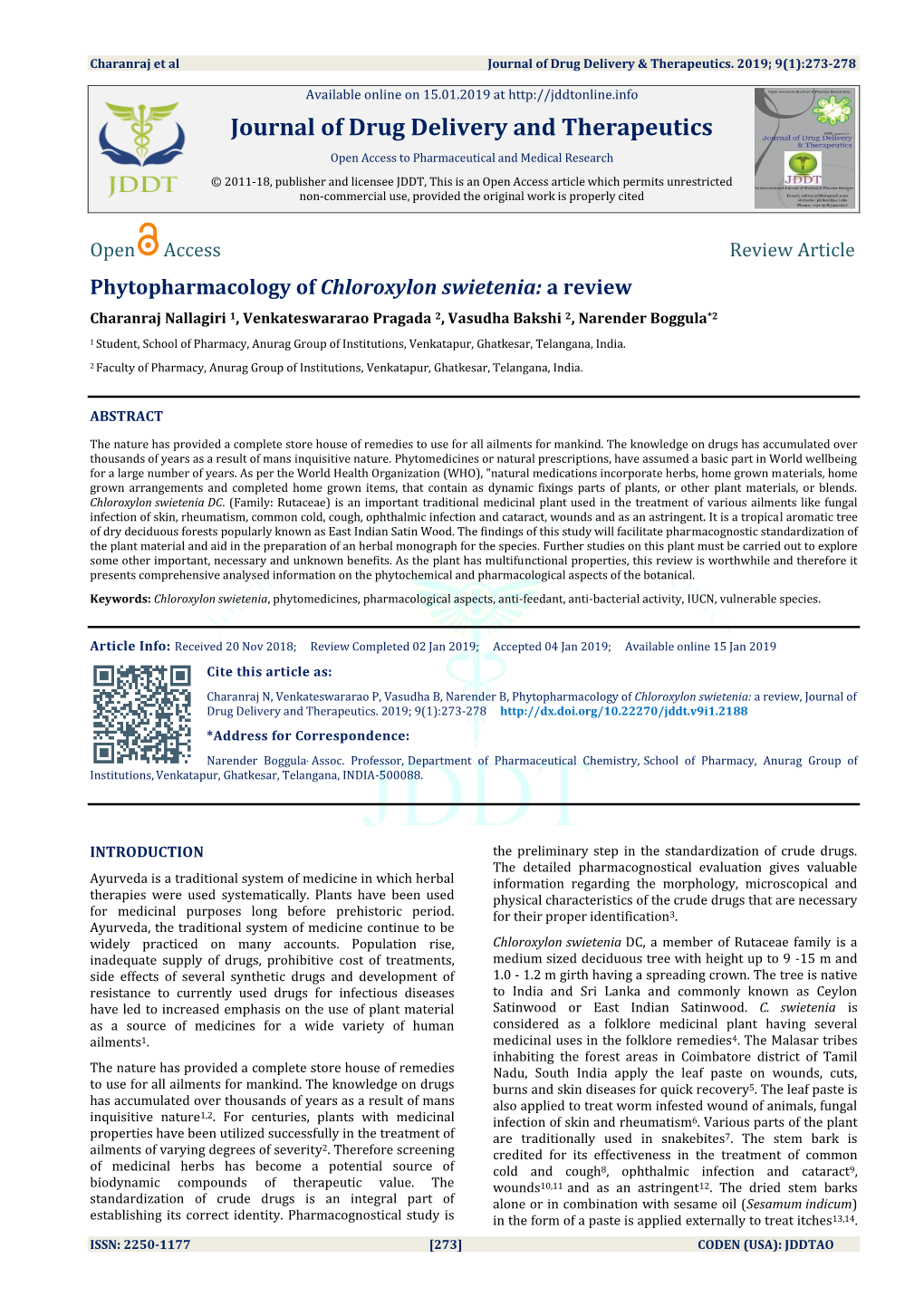 Phytopharmacology of Chloroxylon Swietenia: a Review