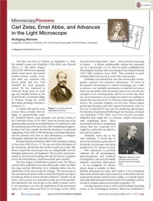 Carl Zeiss, Ernst Abbe, and Advances in the Light Microscope Wolfgang Wimmer Corporate Archives, Carl Zeiss AG, Carl-Zeiss-Promenade 10, 07745 Jena, Germany