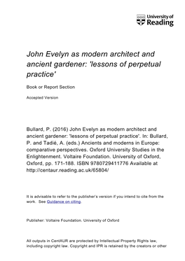 John Evelyn As Modern Architect and Ancient Gardener: 'Lessons of Perpetual Practice'