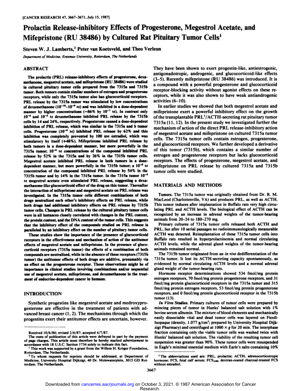 Prolaci in Release-Inhibitory Effects of Progesterone, Megestrol Acetate, and Mifepristone (RU 38486) by Cultured Rat Pituitary Tumor Cells1