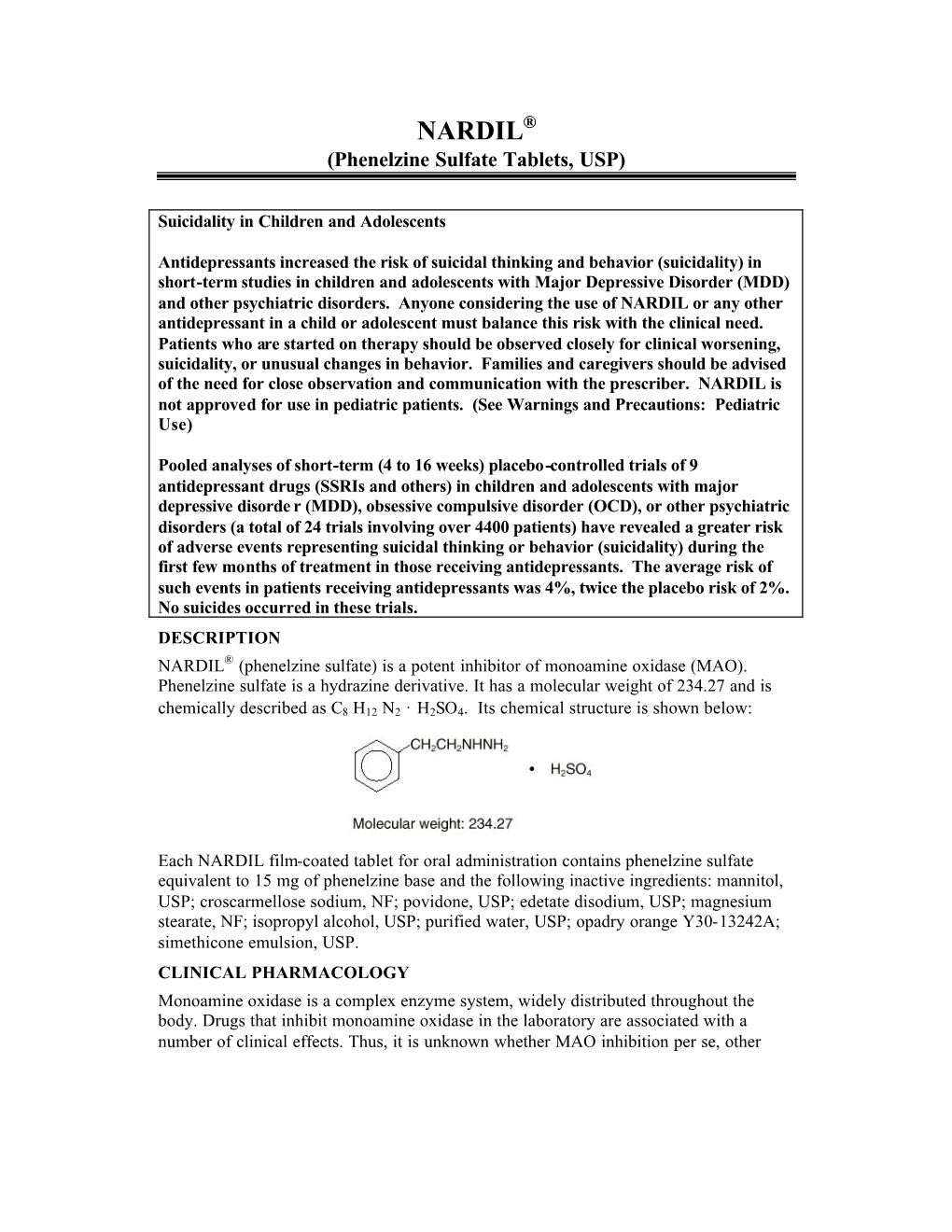 NARDIL® (Phenelzine Sulfate Tablets, USP)