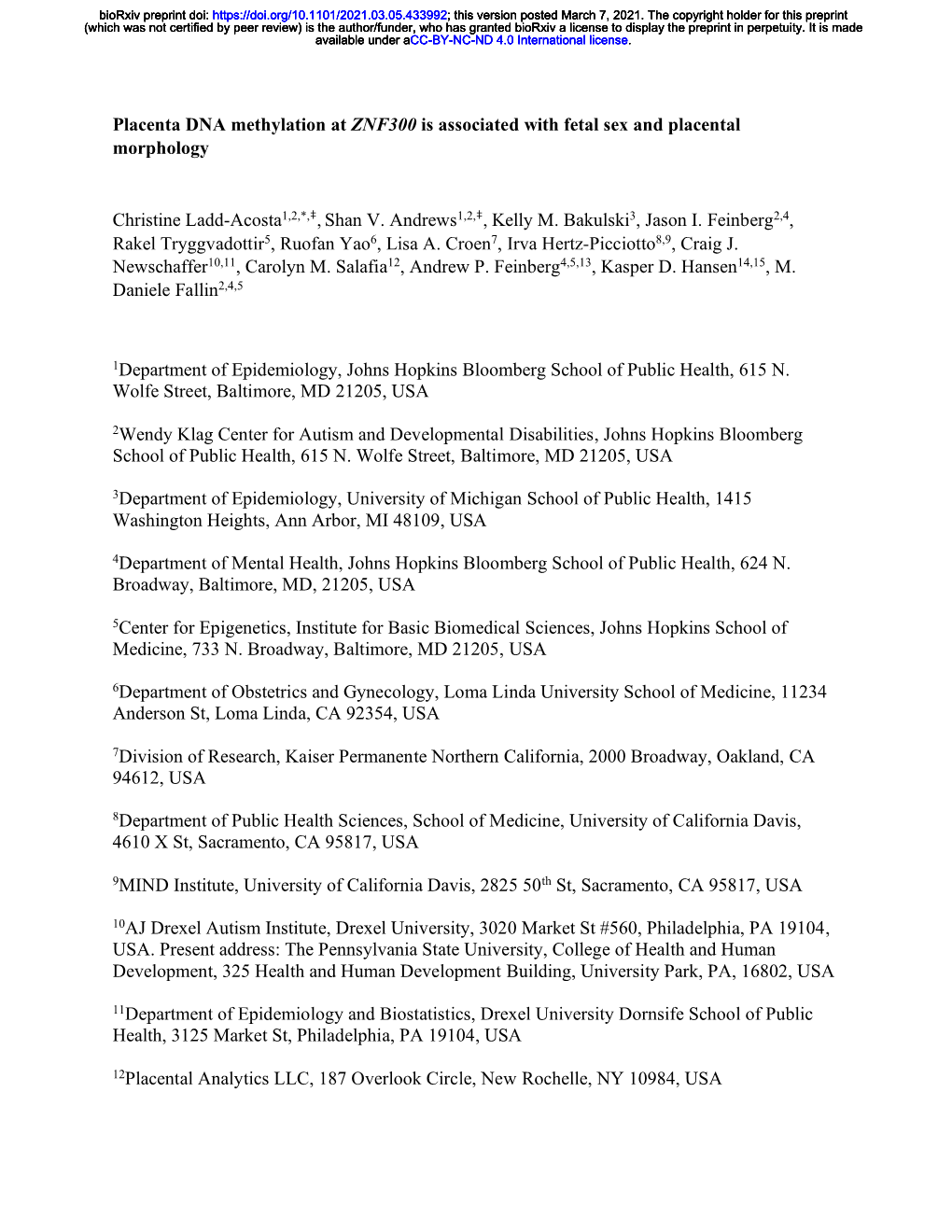 Placenta DNA Methylation at ZNF300 Is Associated with Fetal Sex and Placental Morphology