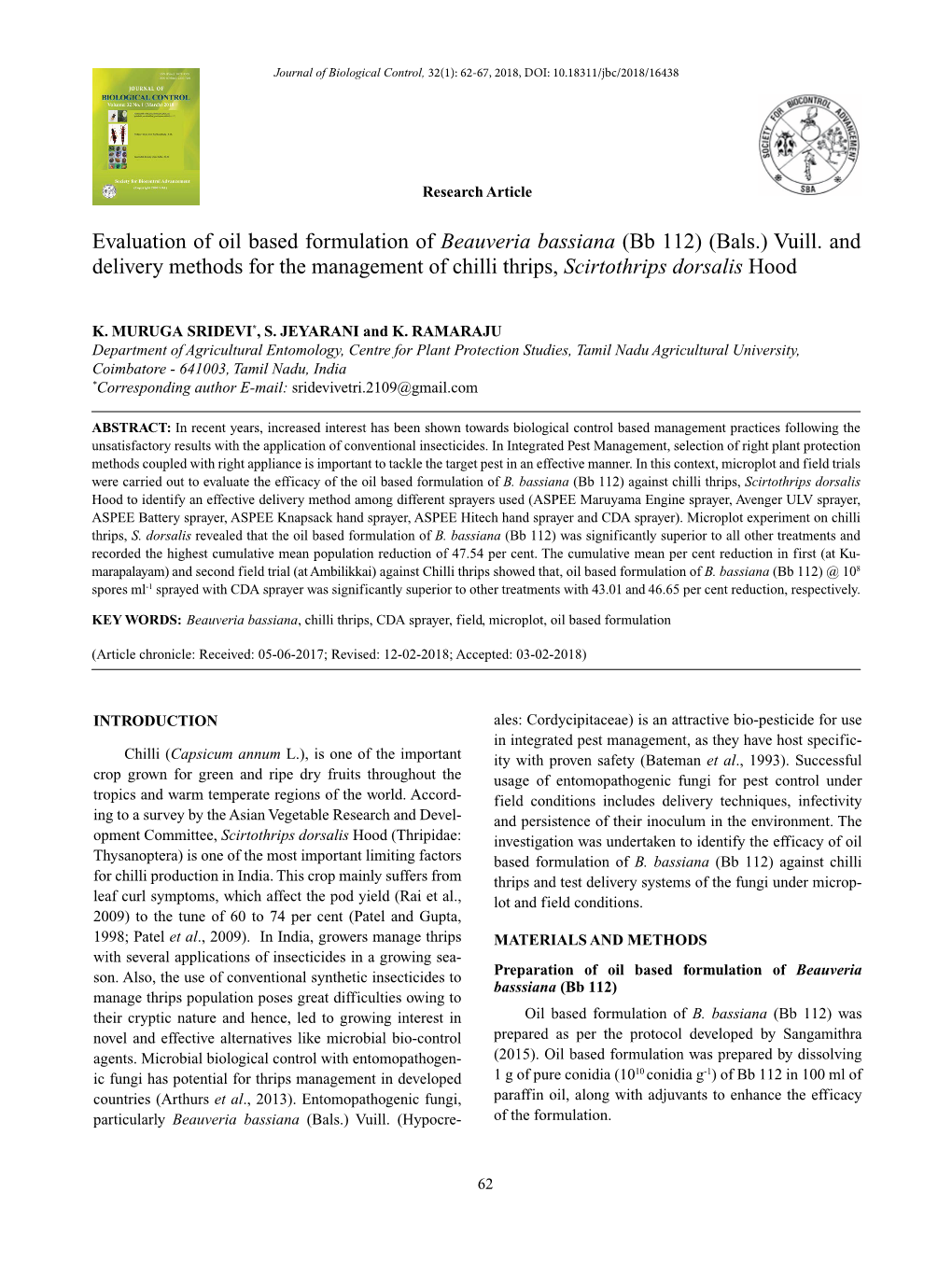 Evaluation of Oil Based Formulation of Beauveria Bassiana (Bb 112) (Bals.) Vuill