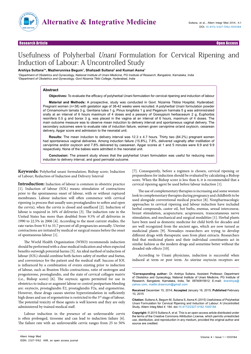 Usefulness of Polyherbal Unani Formulation for Cervical Ripening