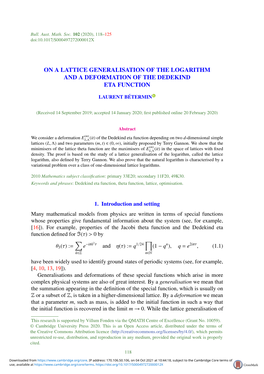 On a Lattice Generalisation of the Logarithm and a Deformation of the Dedekind Eta Function