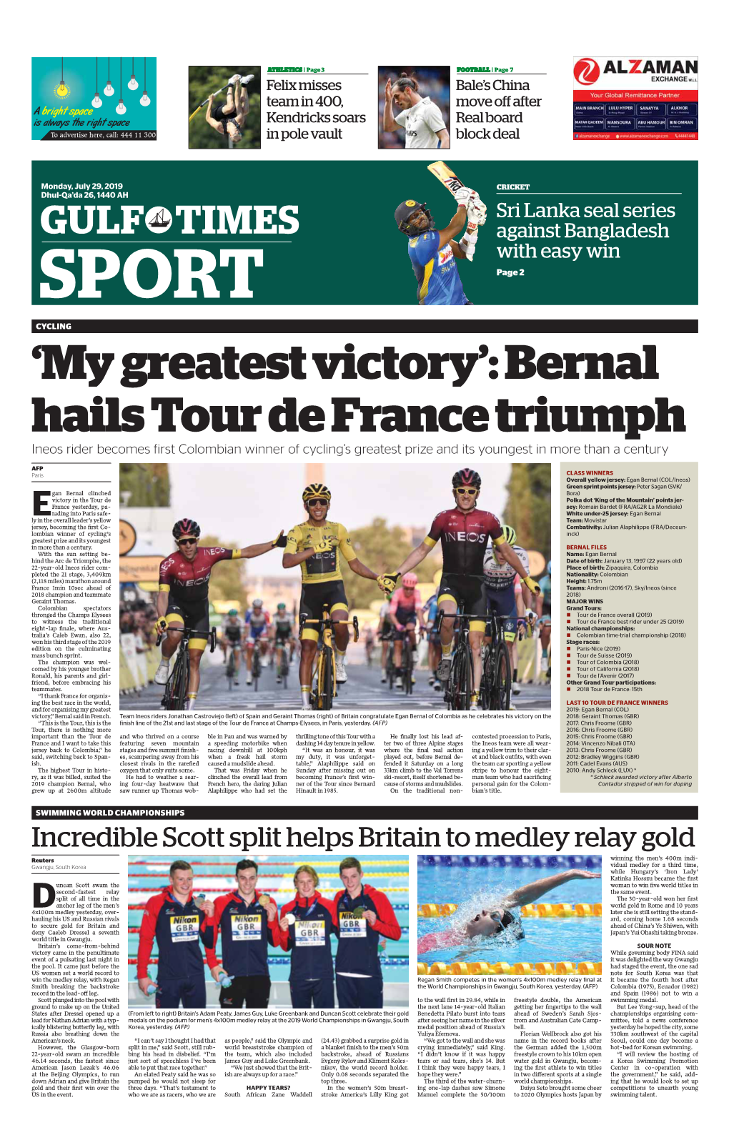 Bernal Hails Tour De France Triumph Ineos Rider Becomes First Colombian Winner of Cycling’S Greatest Prize and Its Youngest in More Than a Century