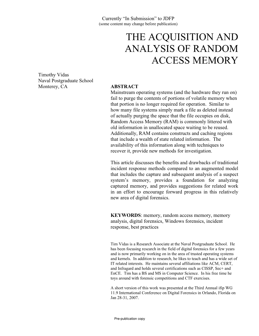 The Acquisition and Analysis of Random Access Memory