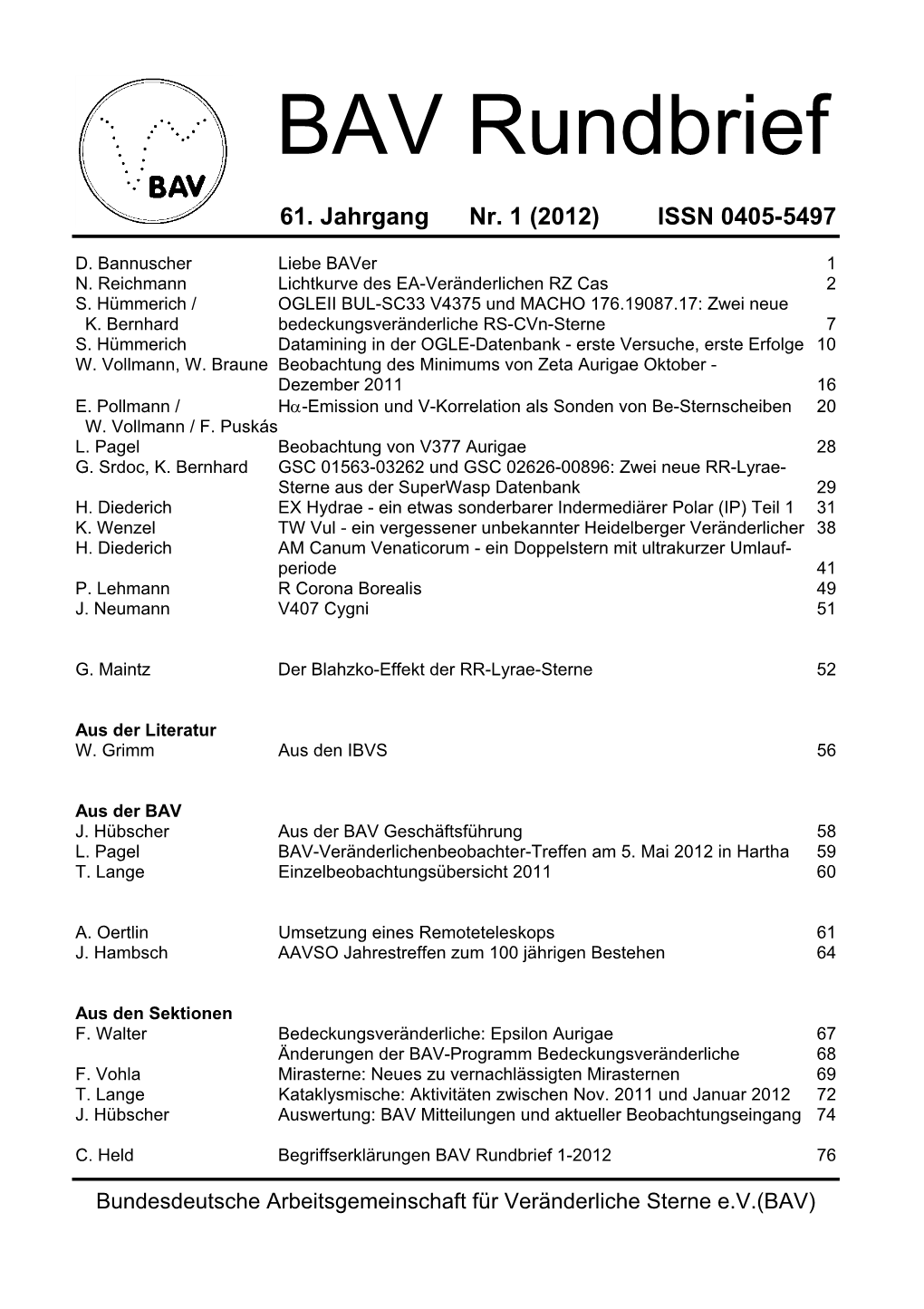 BAV Rundbrief Nr. 1 (2012)