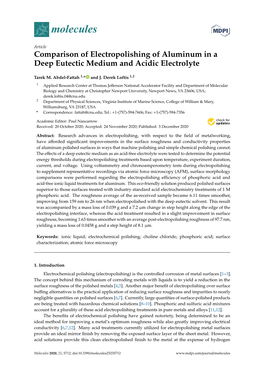Comparison of Electropolishing of Aluminum in a Deep Eutectic Medium and Acidic Electrolyte