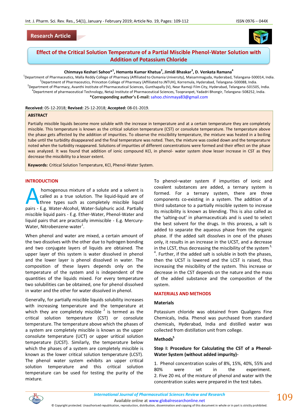 Effect of the Critical Solution Temperature of a Partial Miscible Phenol-Water Solution with Addition of Potassium Chloride