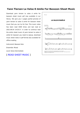 Yann Tiersen La Valse D Amlie for Bassoon Sheet Music