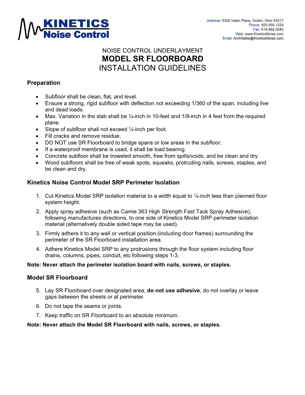 Model Sr Floorboard Installation Guidelines