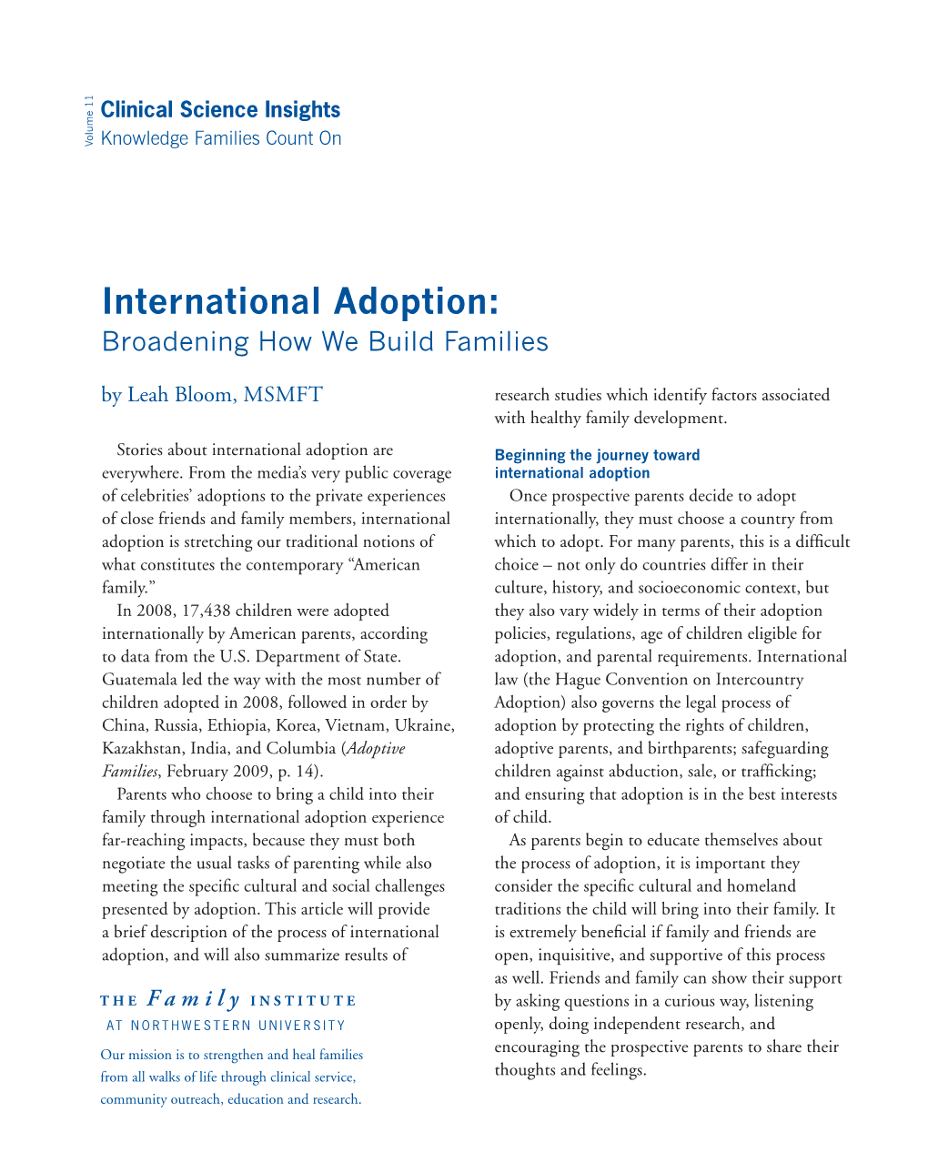 International Adoption: Broadening How We Build Families Clinical Science Insights
