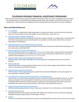 Colorado Housing Financial Assistance Programs