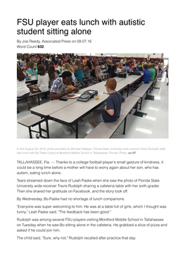 FSU Player Eats Lunch with Autistic Student Sitting Alone by Joe Reedy, Associated Press on 09.07.16 Word Count 632