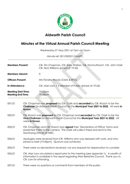 Minutes of the Virtual Annual Parish Council Meeting