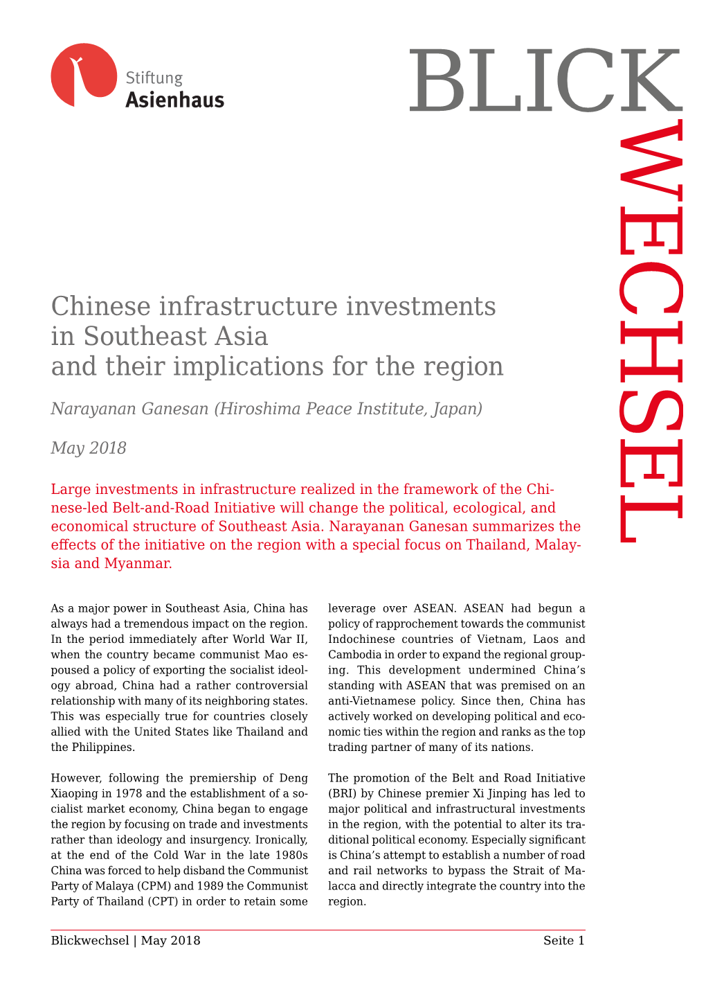 Chinese Infrastructure Investments in Southeast Asia and Their Implications for the Region