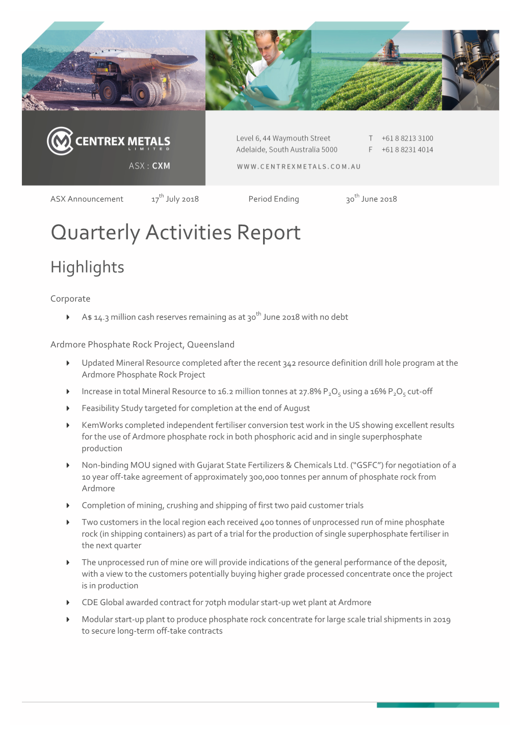 Quarterly Activities Report Highlights