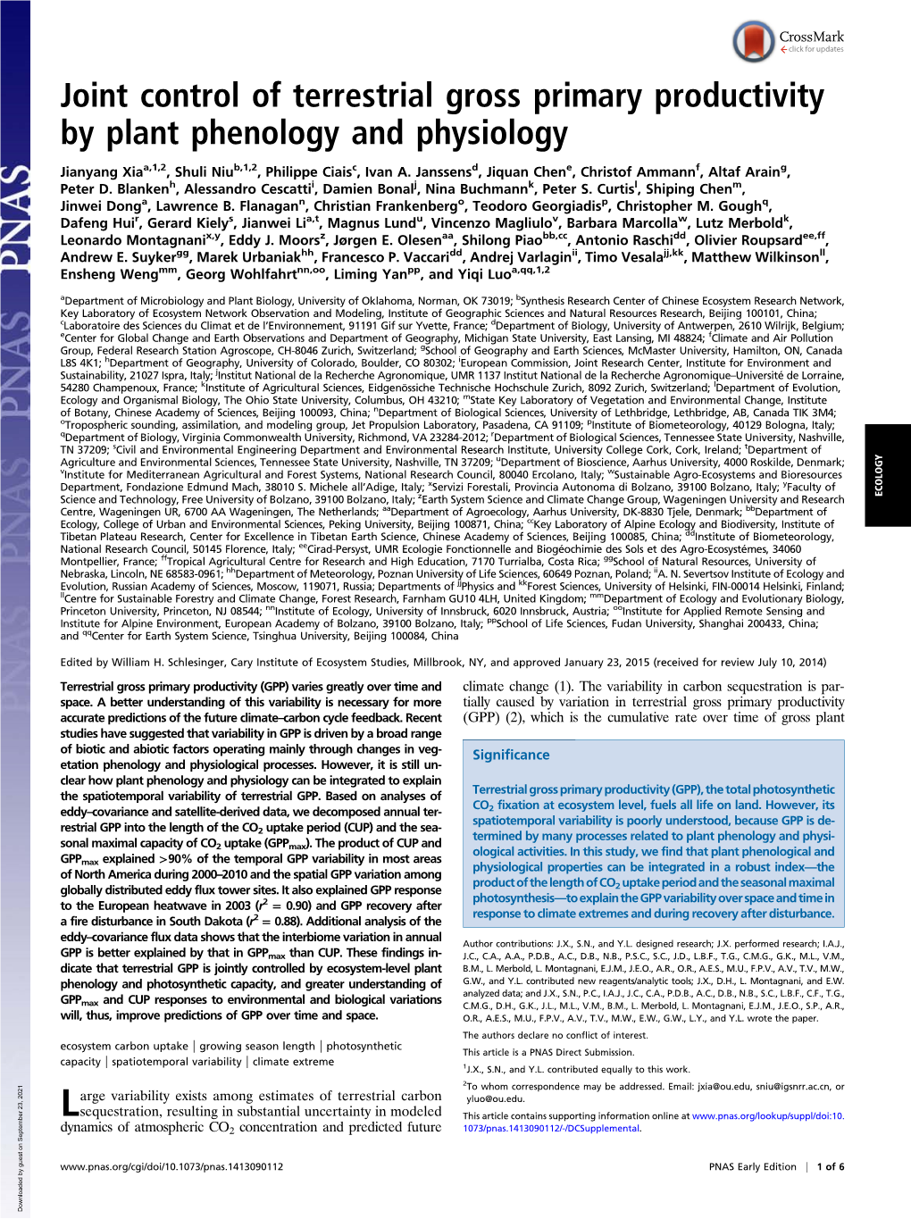 Joint Control of Terrestrial Gross Primary Productivity by Plant Phenology and Physiology