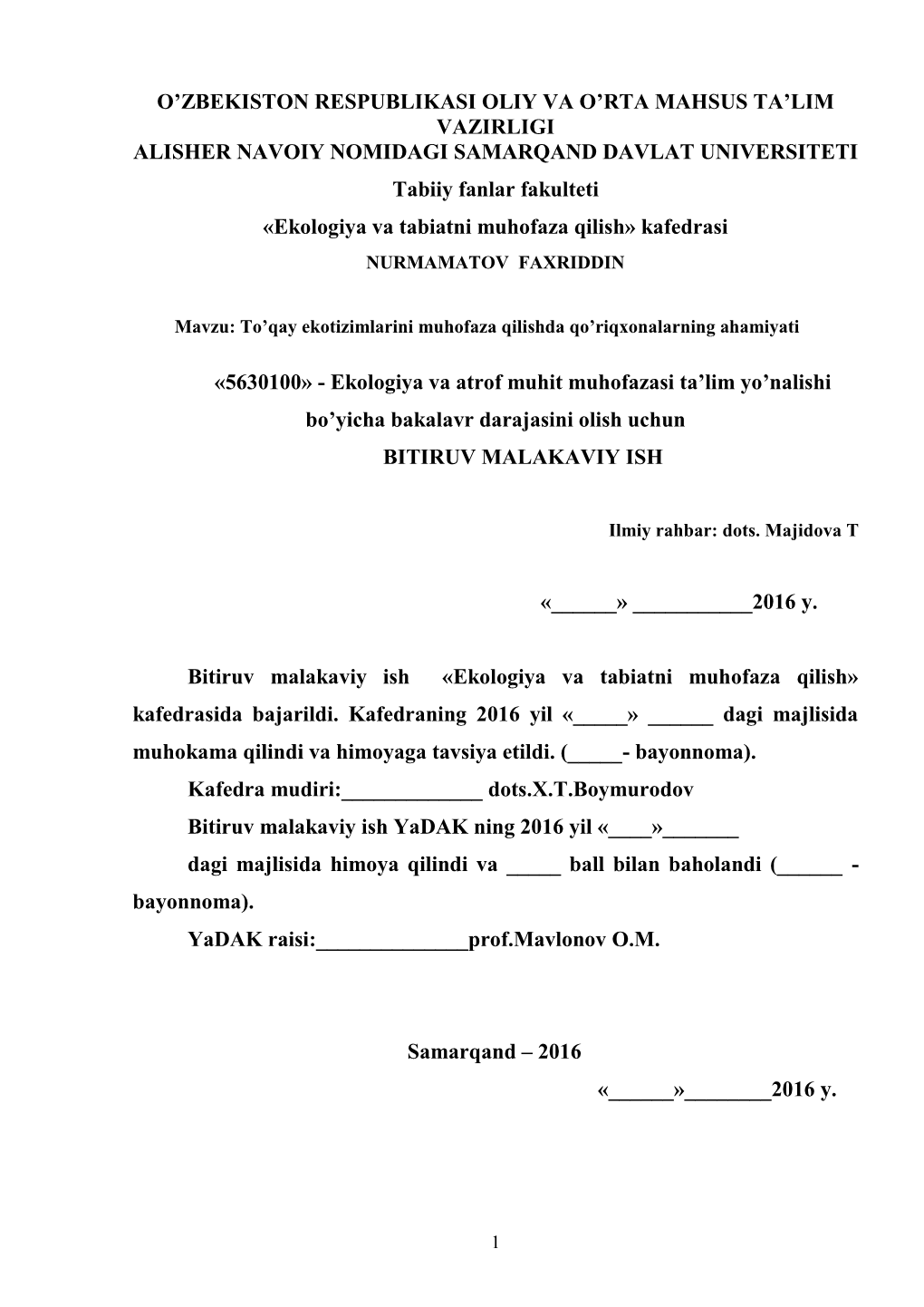 O'zbekiston Bioxilma-Xilligini Muhofaza Qilish Yo'lida Qo