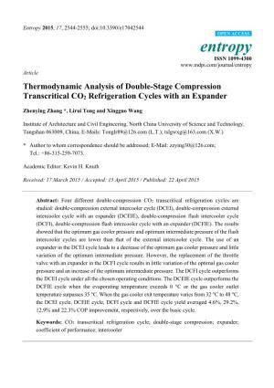 Thermodynamic Analysis of Double-Stage Compression Transcritical CO2 Refrigeration Cycles with an Expander