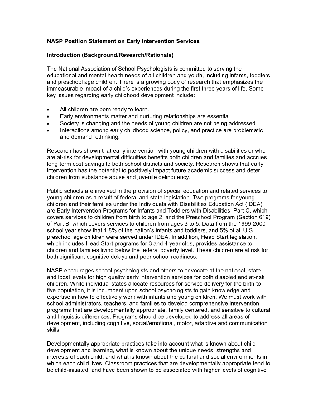 NASP Position Statement on Early Intervention Services Introduction