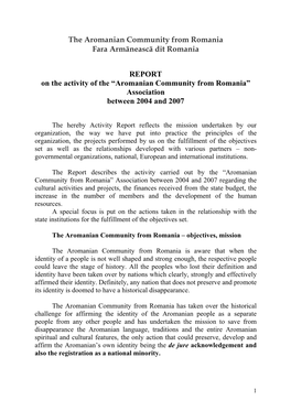 The Aromanian Community from Romania Fara Armãneascã Dit Romania REPORT on the Activity Of