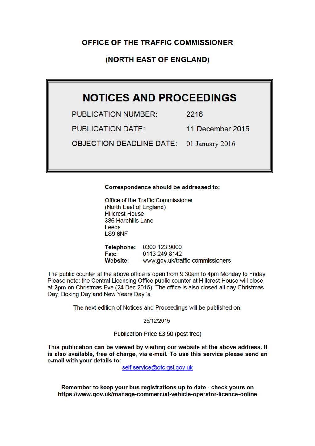 NOTICES and PROCEEDINGS 11 December 2015