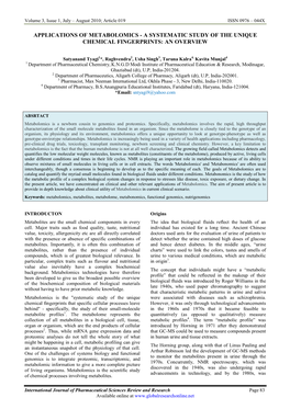 Applications of Metabolomics - a Systematic Study of the Unique Chemical Fingerprints: an Overview