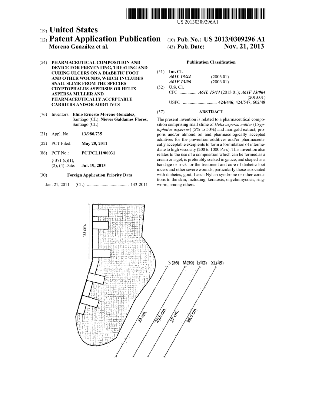 (12) Patent Application Publication (10) Pub. No.: US 2013/0309296A1 Moreno González Et Al