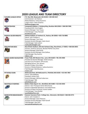2020 League and Team Directory Futures League Office P.O