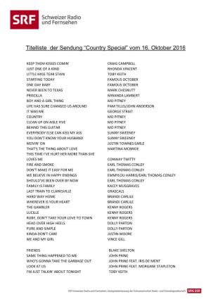Titelliste Der Sendung “Country Special” Vom 16. Oktober 2016