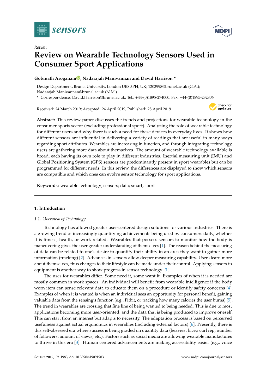 Review on Wearable Technology Sensors Used in Consumer Sport Applications