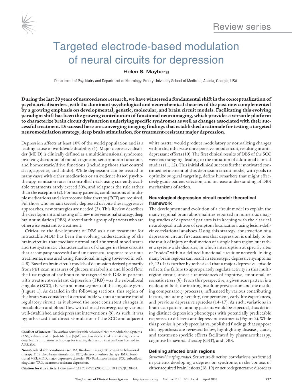 Targeted Electrode-Based Modulation of Neural Circuits for Depression Helen S