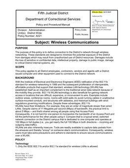Wireless Communications PURPOSE the Purpose of This Policy Is to Define Connection to the District’S Network Through Wireless Networking