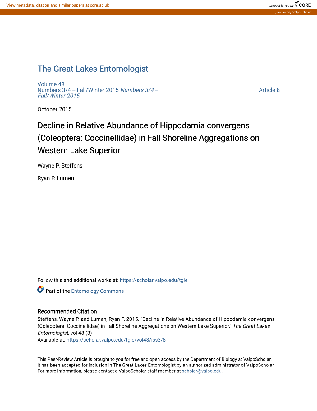 Decline in Relative Abundance of Hippodamia Convergens (Coleoptera: Coccinellidae) in Fall Shoreline Aggregations on Western Lake Superior