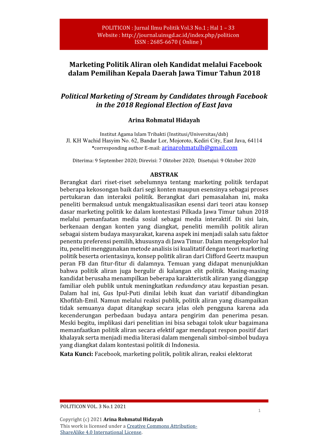 POLITICON : Jurnal Ilmu Politik Vol.3 No.1 ; Hal 1 – 33 Website : ISSN : 2685-6670 ( Online )